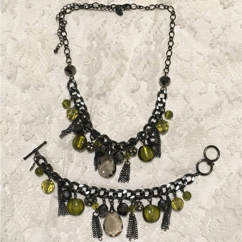 Cookie Lee Silver Tone Necklace Bracelet Set Gray Green Beaded Fringe Womens 18"